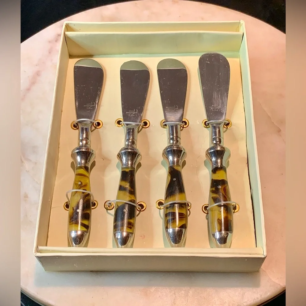 RALPH LAUREN WENTWORTH TORTOISE SPREADERS KNIVES SET OF 4 STAINLESS STEEL